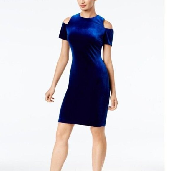 Calvin Klein Size 4 Blue Velvet Short Sleeve Cold-Shoulder Dress Fitted Sheath - Picture 1 of 10